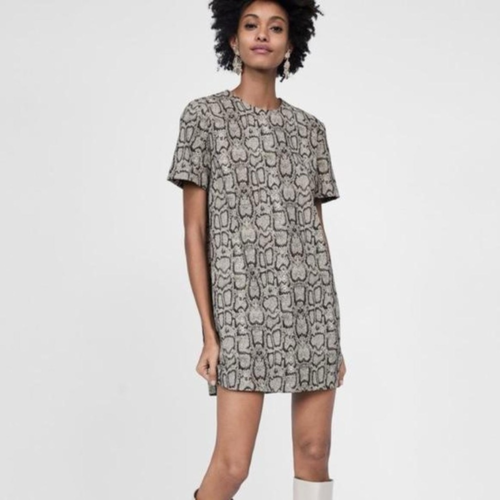 Zara Snake Animal Print Short Sleeve Shift Dress - XS